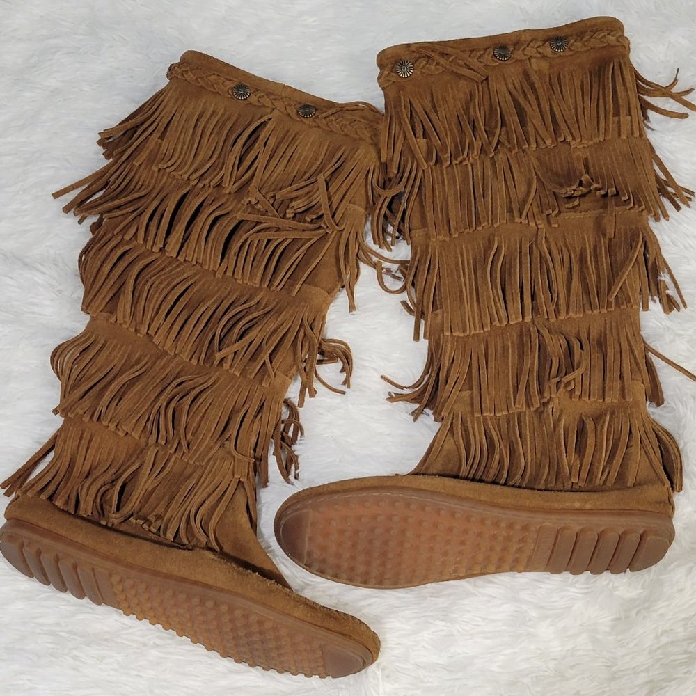 Minnetonka Suede 5-Layer Fringe Tall Zip Boots Size 8